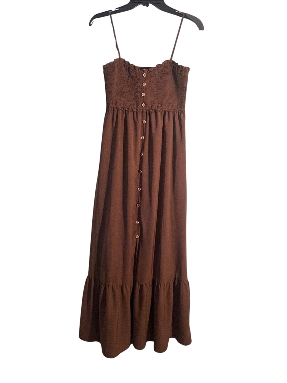 Dokotoo chocolate brown tiered sleeveless maxi dress w/button down front. Size M - Picture 3 of 11